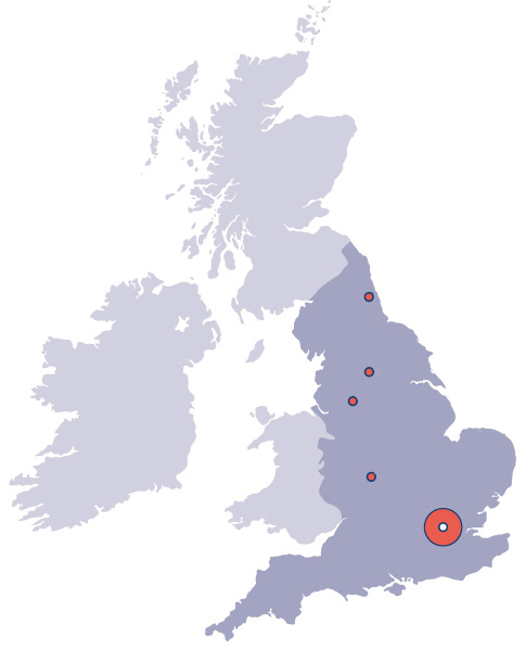 A map of the UK, showing the locations of the PSRCs in London, Manchester, the Midlands, Newcastle and Yorkshire and Humber.