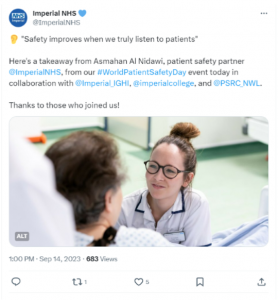 Ear emoji, "Safety improves when we truly listen to patients" Here's a takeaway from Asmahan Al Nidawi, patient safety partner @ImperialNHS, from our #WorldPatientSafetyDay event today in collaboration with @Imperial_IGHI, @imperialcollege, and @PSRC_NWL. Thanks to those who joined us!