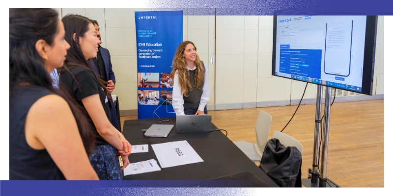 People stand around a display table at an event while a presenter demonstrates a digital text messaging programme on a large screen. The screen shows examples of personalised text messages designed to support people taking statins. An NIHR Patient Safety Research Collaboration banner is visible in the background.
